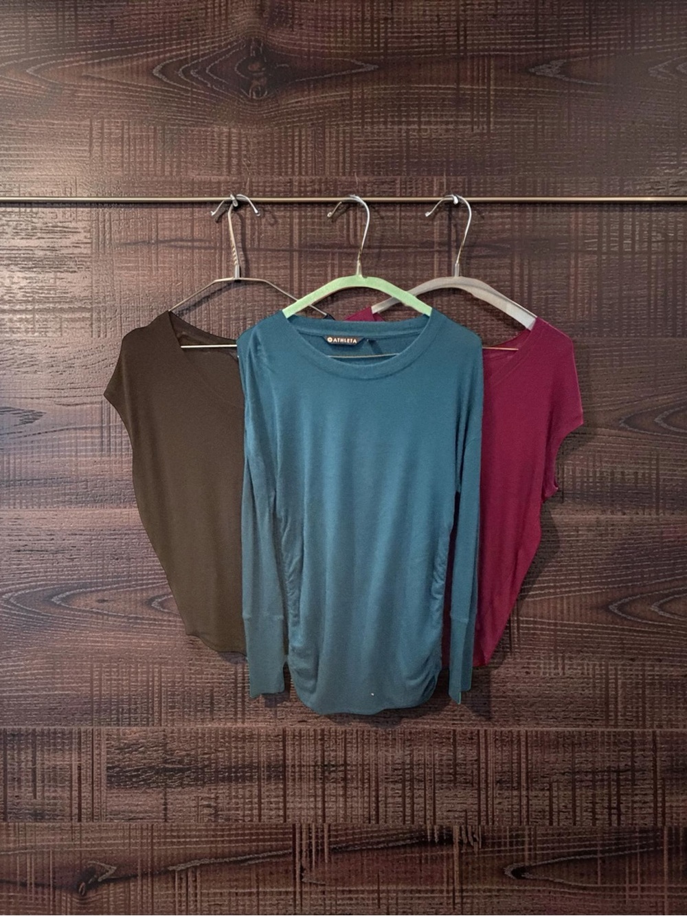 Athleta Teal Long-Sleeve Top with Olive and Burgundy Tees